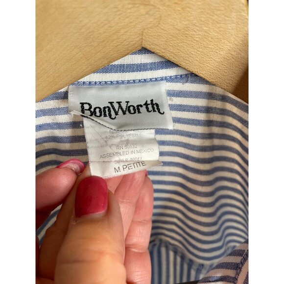 Vintage 90s BonWorth Blue White Vertical Stripe Flower Embroidered Top Sz MP - Picture 5 of 10